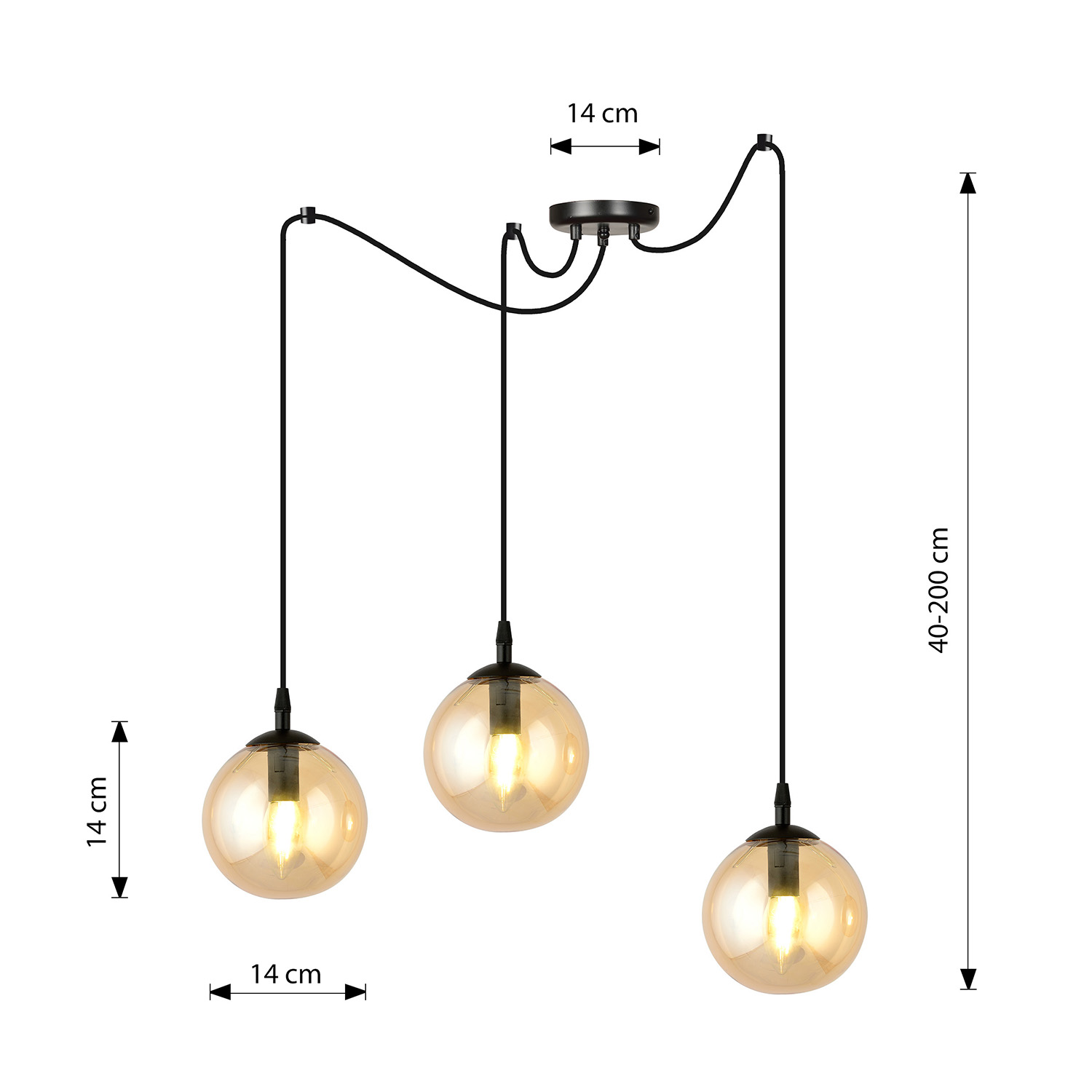 Lampadario 3 Luci Ginevra In Acciaio Nero Con Cavo Lungo E Vetri Ambra LA0168-EB-3-NR-AM
