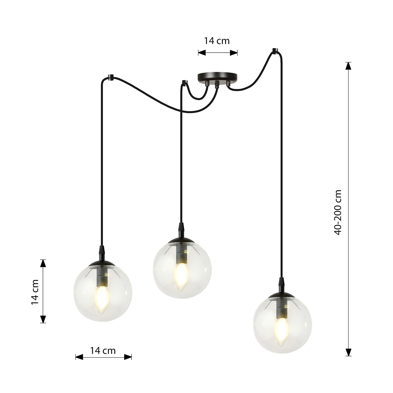 Lampadario 3 Luci Ginevra In Acciaio Nero Con Cavo Lungo E Vetri Trasparente LA0168-EB-3-NR-TR