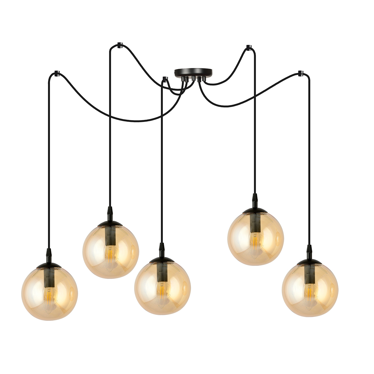 Lampadario 5 Luci Ginevra In Acciaio Nero Con Cavo Lungo E Vetri Ambra LA0168-EB-5-NR-AM