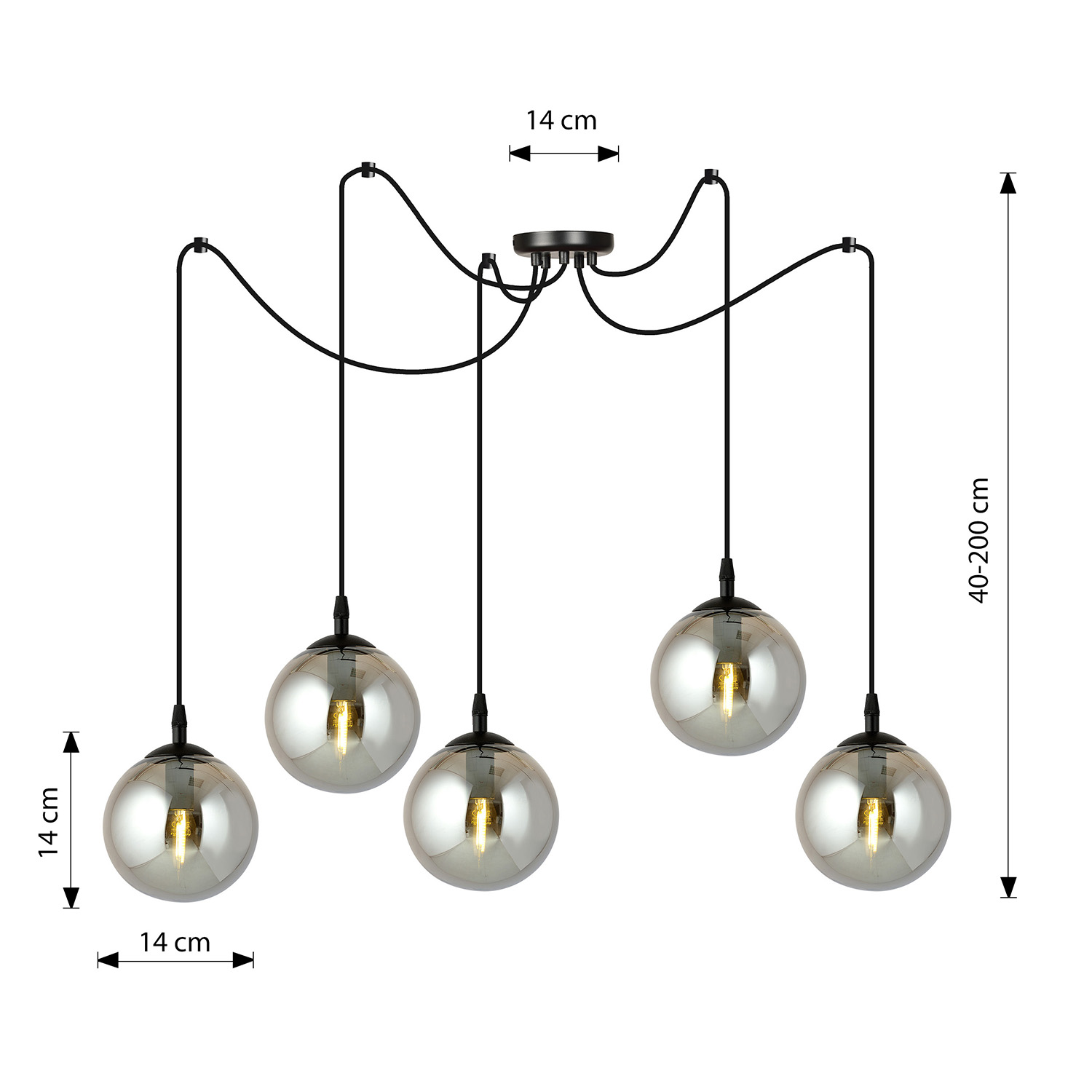Lampadario 5 Luci Ginevra In Acciaio Nero Con Cavo Lungo E Vetri Fumè LA0168-EB-5-NR-GR