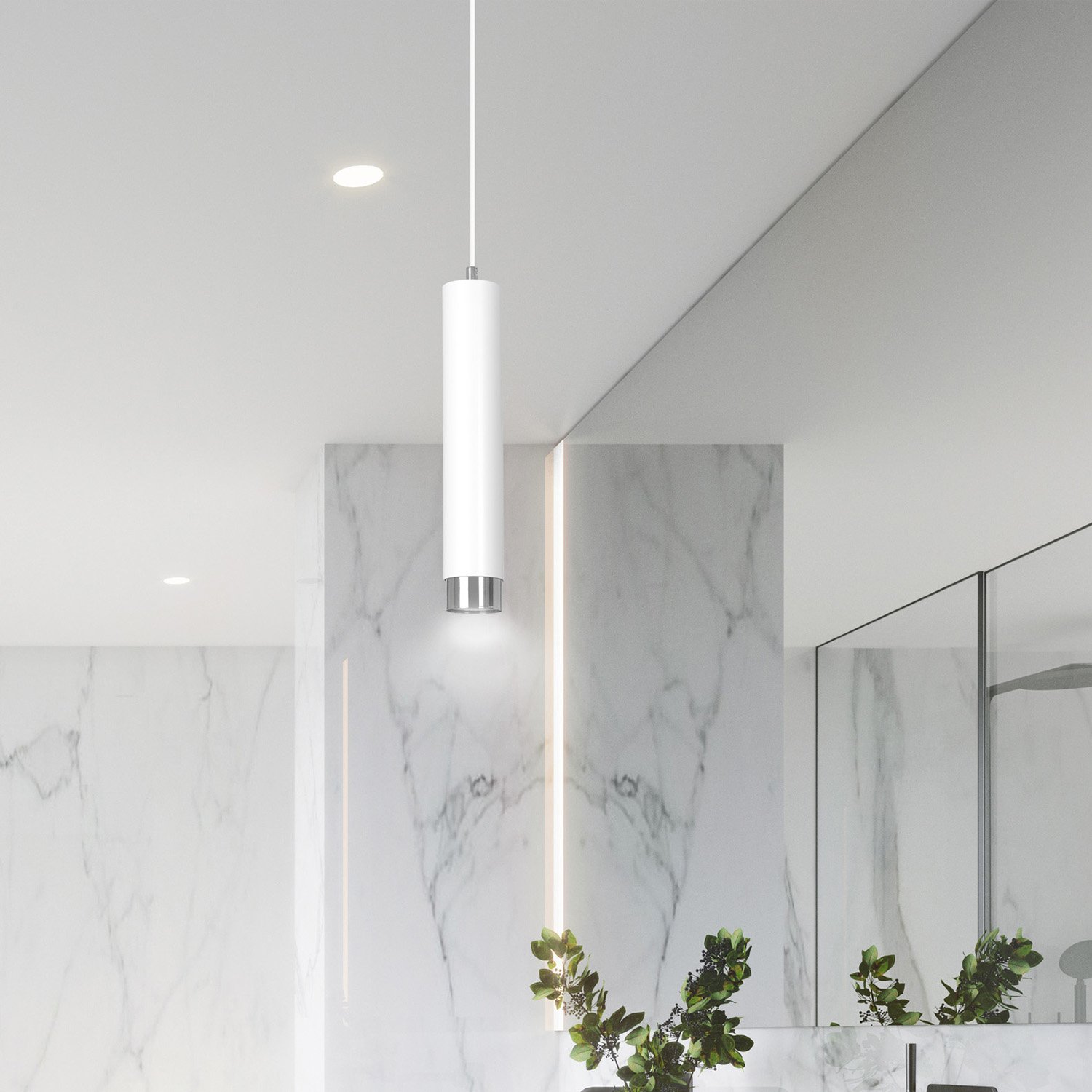 Sospensione 1 Luce Brunilde In Acciaio Bianco Con Tubolare In Bianco E Cromo LA0173-EB-1-BI-ARG