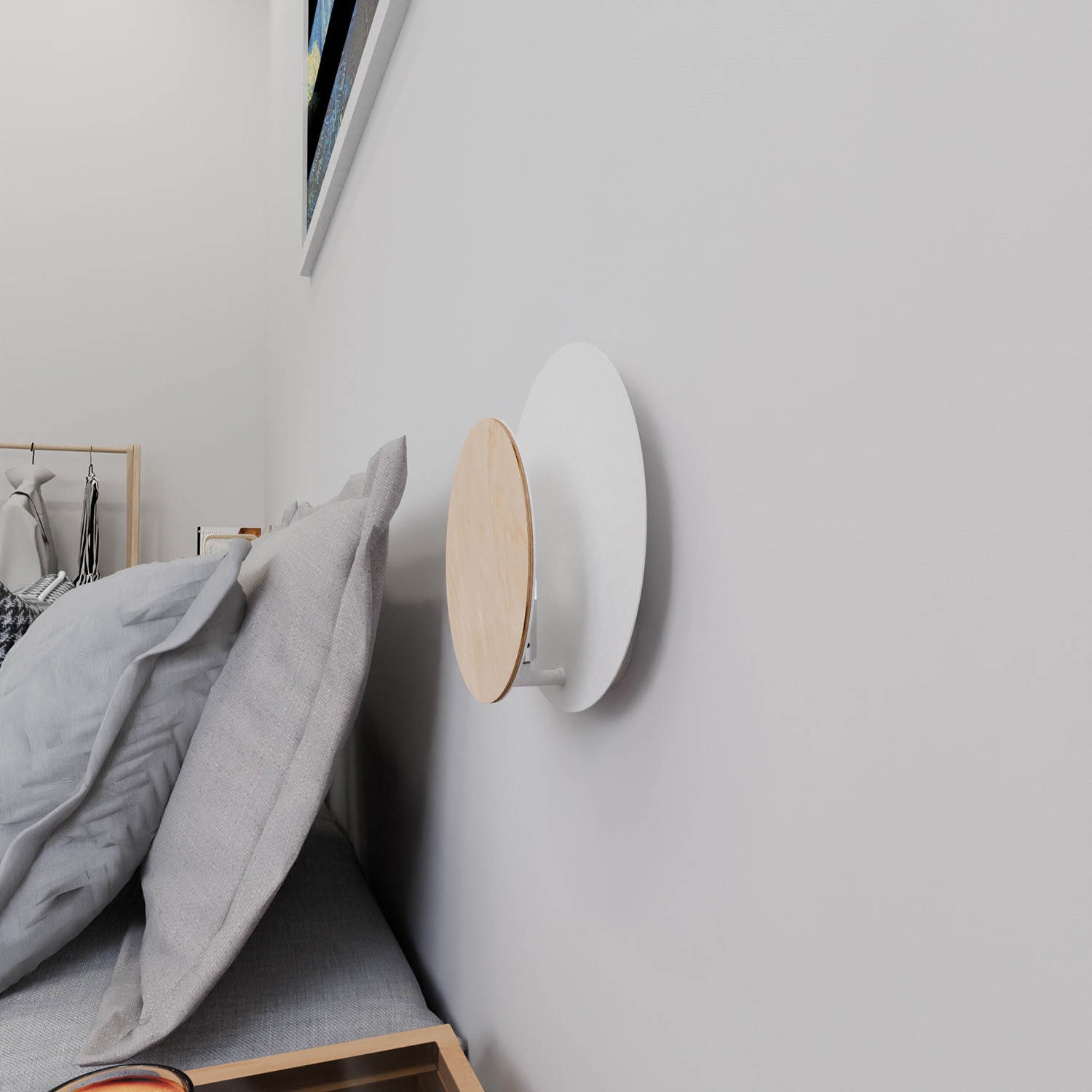 Applique 1 Luce A Disco Con Base In Acciaio Bianco E Legno Naturale LA0179-EB-AP1-BI