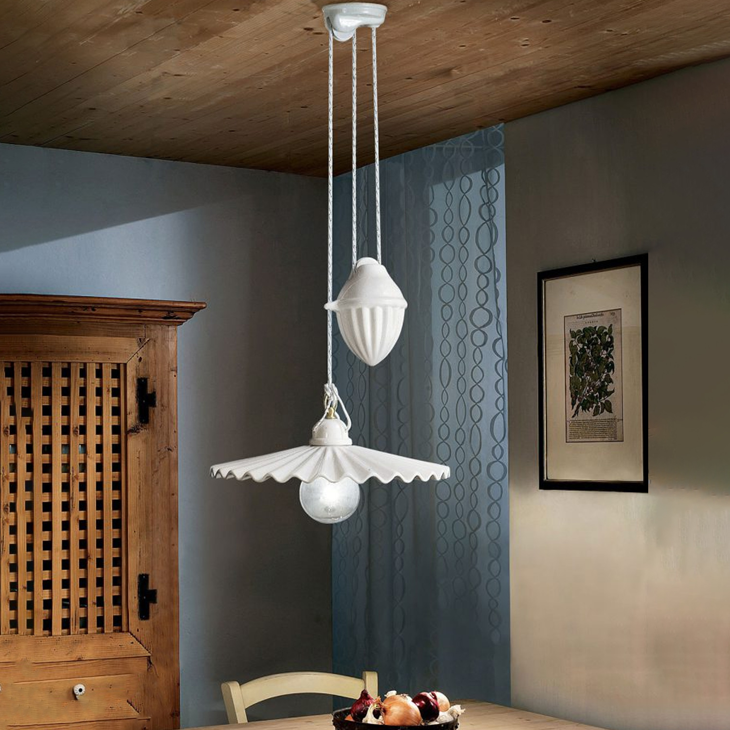 Sospensione Saliscendi Classico L'Aquila Metallo E Ceramica Ottone 1 Luce E27 C008-OS-02