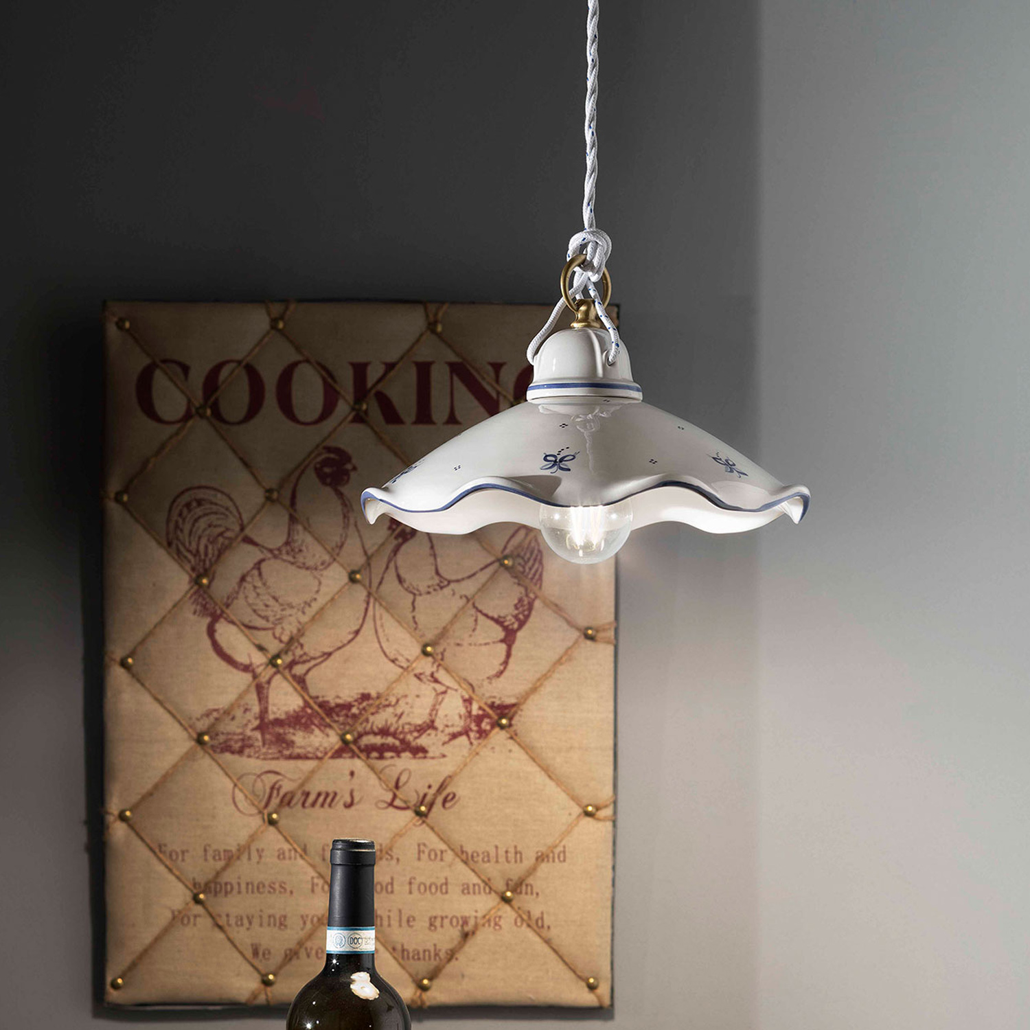 Lampadario Classico Belluno Ceramica E Ottone Decorato Filo Blu 1 Luce E27 C032-OS-38-DEC-SOB