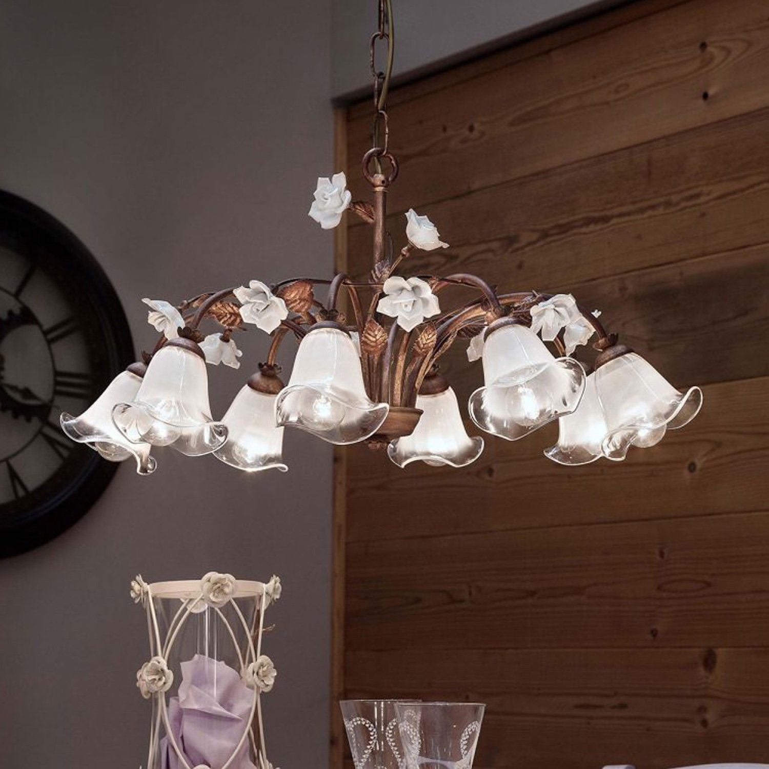 Lampadario Classico Siena Metallo E Ceramica Ruggine Decorato Lucido 8 Luce E14 C1185-8-RU-02