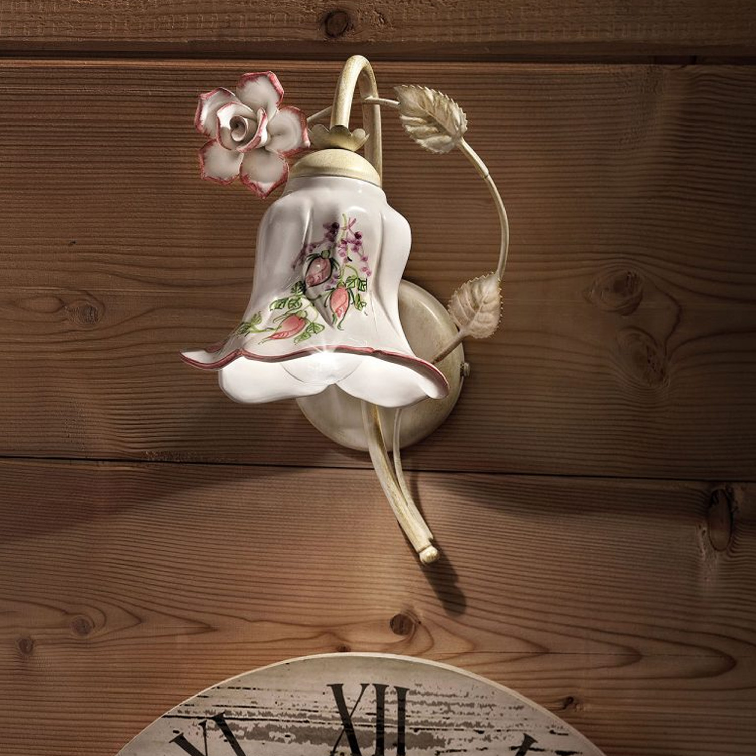 Applique Classica Pisa Metallo E Ceramica Bianco Sfumato Oro 1 Luce E14 C1201-BO-05-DEC-RRR