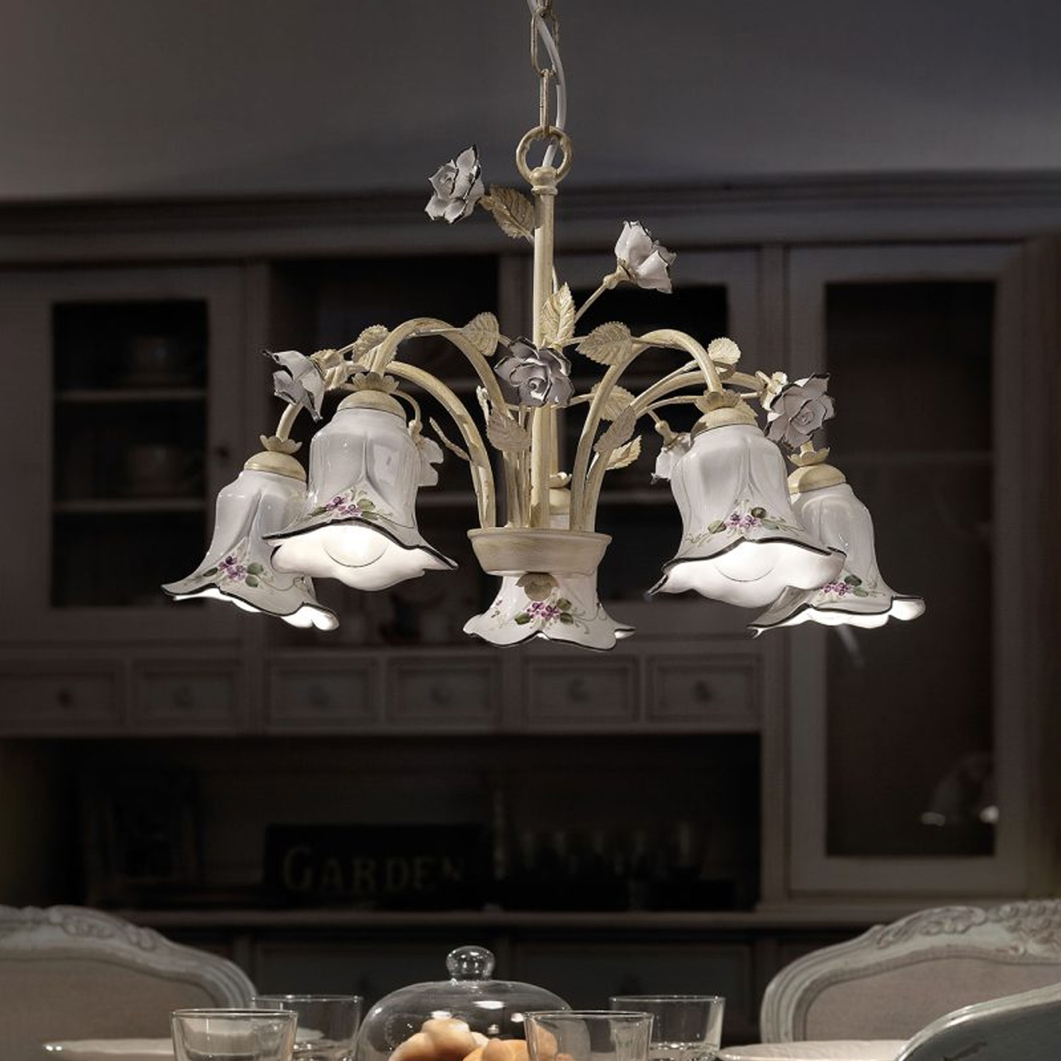 Lampadario Classico Pisa Metallo E Ceramica Bianco Sfumato Oro 5 Luci E14 C1205-5-BO-13-DEC-COO