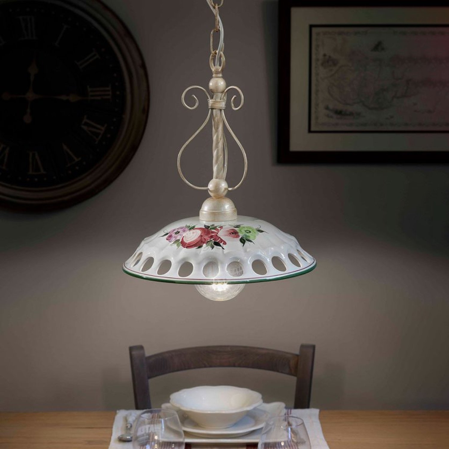 Lampadario Classico Napoli Metallo E Ceramica Bianco Sfumato Oro 1 Luce E27 C362-BO-11-DEC-OTT