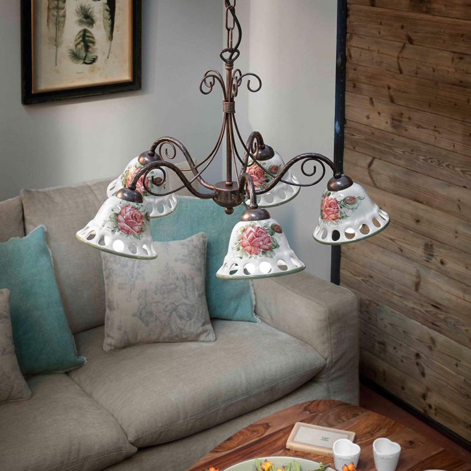 Lampadario Classico Napoli Metallo E Ceramica Nero Sfumato Rame 5 Luci E14 C364-5-NR-42-DEC-MOR