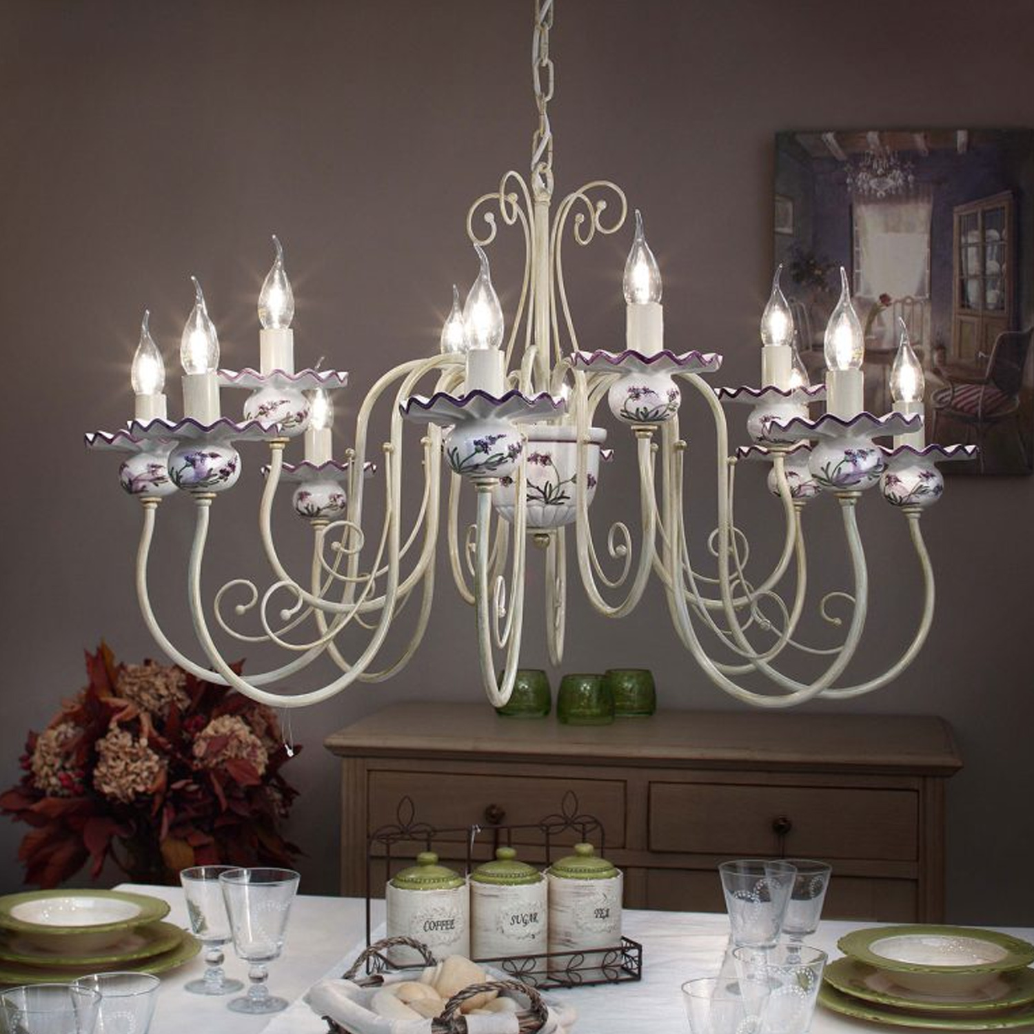 Lampadario Classico Sanremo Metallo E Ceramica Bianco Sfumato Oro 12 Luci E14 C410-12-BO-69-DEC-LAV