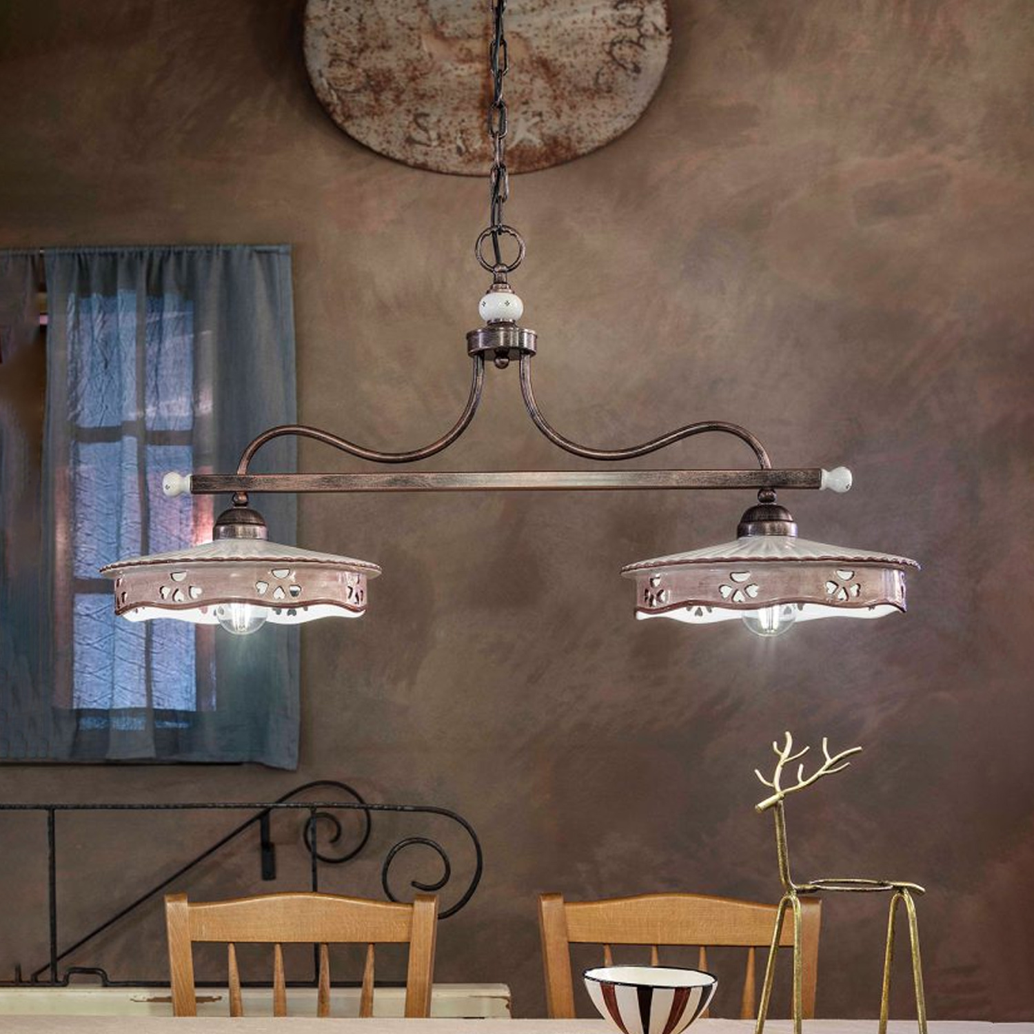 Lampadario Classico Alessandria Ferro E Ceramica Nero Sfumato Rame 2 Luci E27 C543-NR-FMA