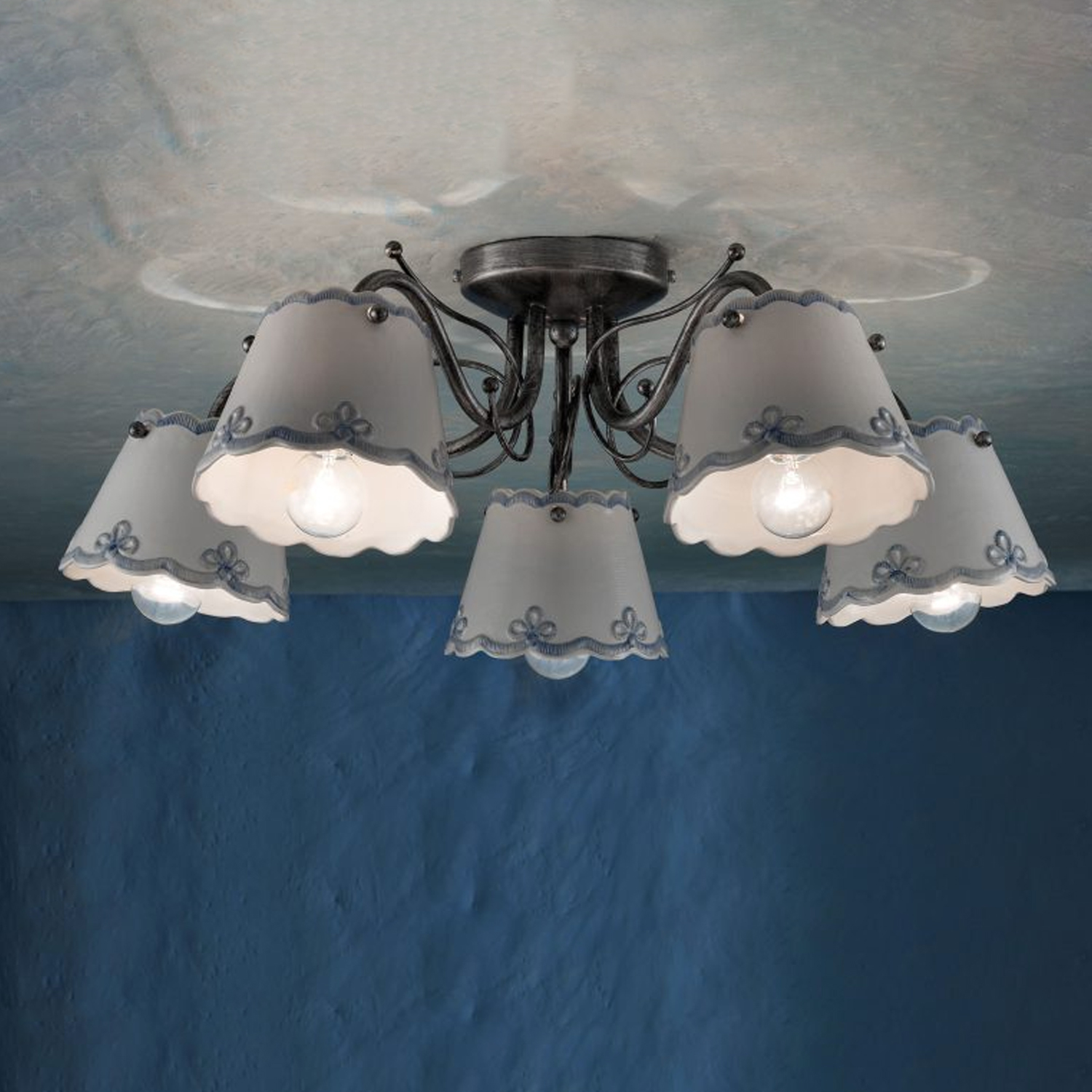 Plafoniera Classica Ravenna Metallo E Ceramica Nero Sfumato Argento 5 Luci E14 C924-NA-FBL