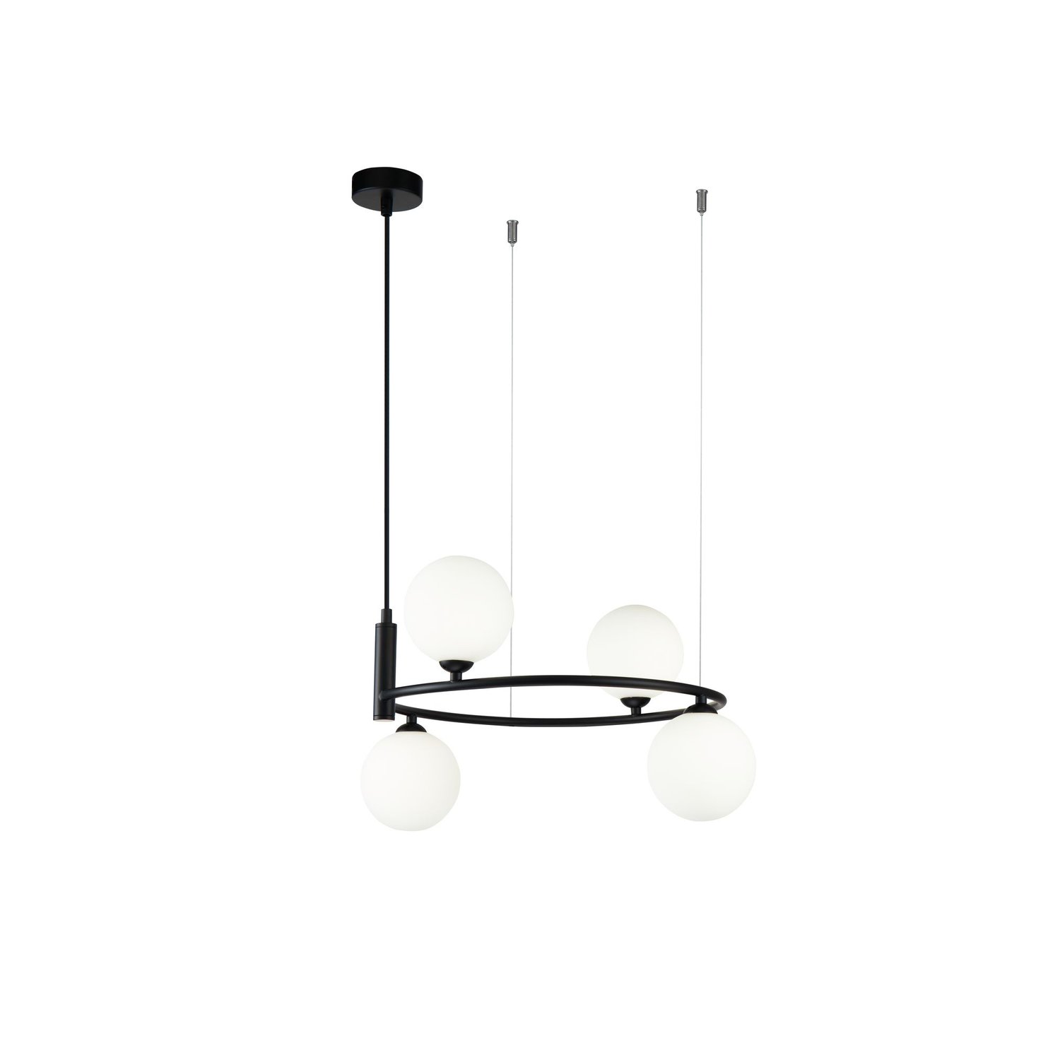 Lampadario Contemporaneo Ring Metallo Nero 4 Luci Diffusori Bianchi