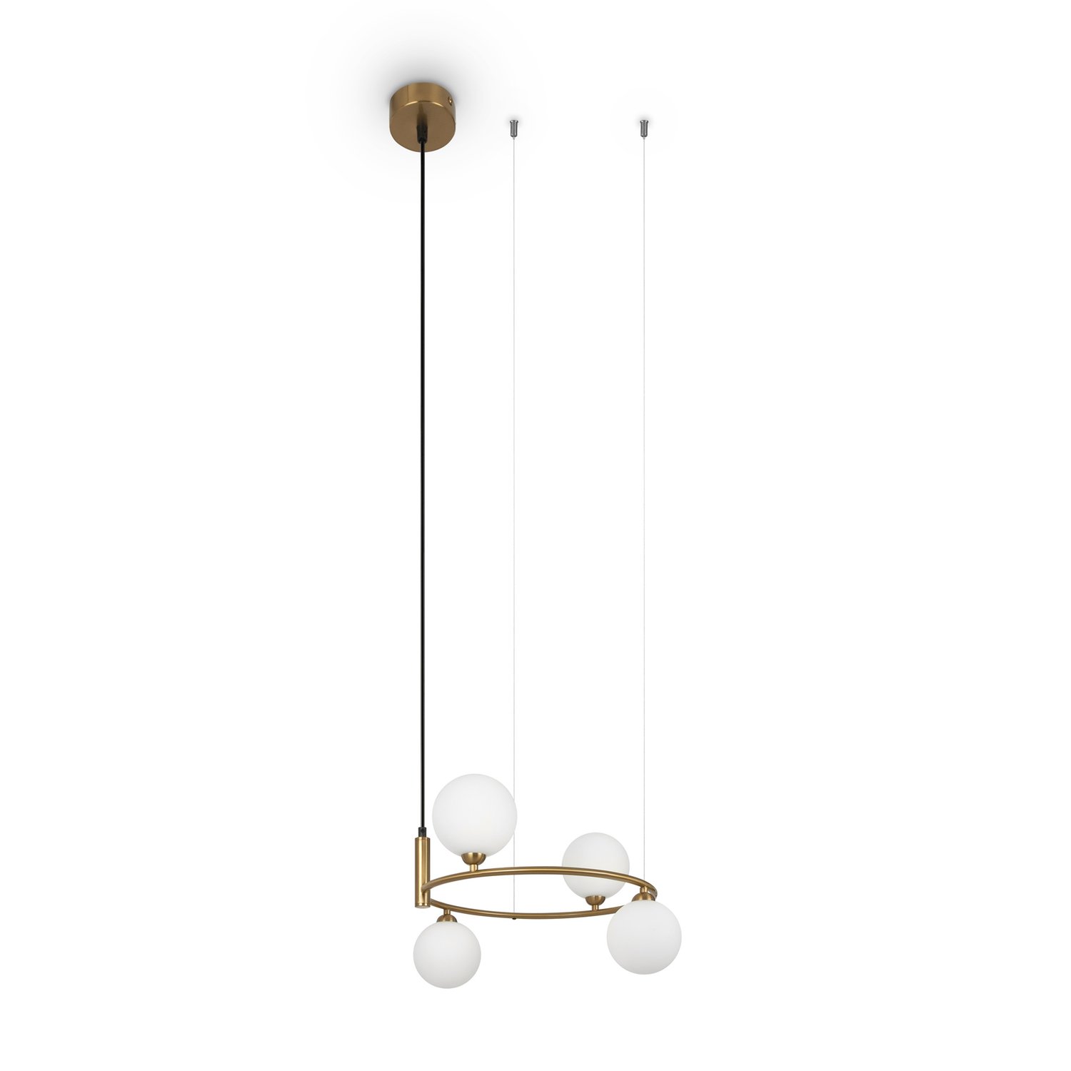 Lampadario Contemporaneo Ring Metallo Ottone 4 Luci Diffusori Bianchi