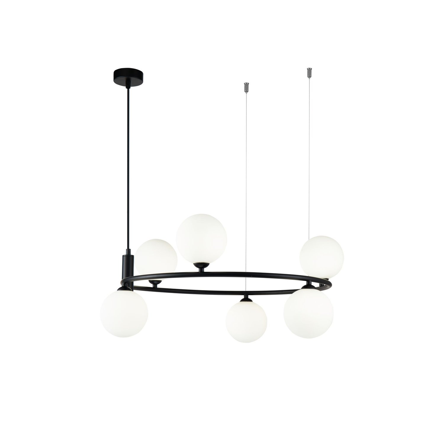 Lampadario Contemporaneo Ring Metallo Nero 6 Luci Diffusori Bianchi