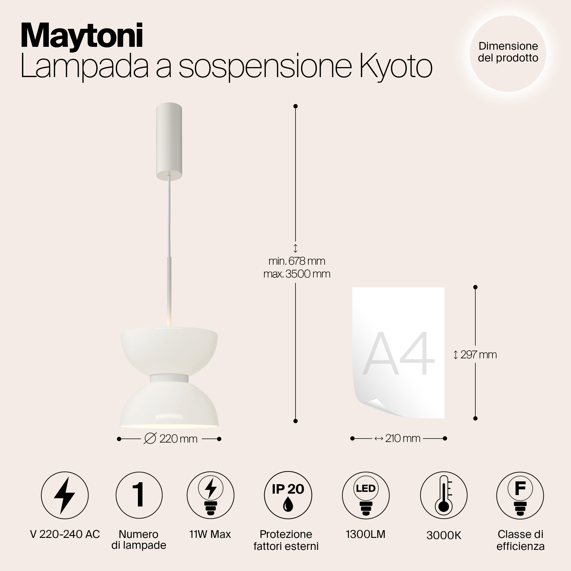 Lampadario A Sospensione Moderno Kyoto Led Integrato 11W Metallo Bianco Ip20 MOD178PL-L11W3K