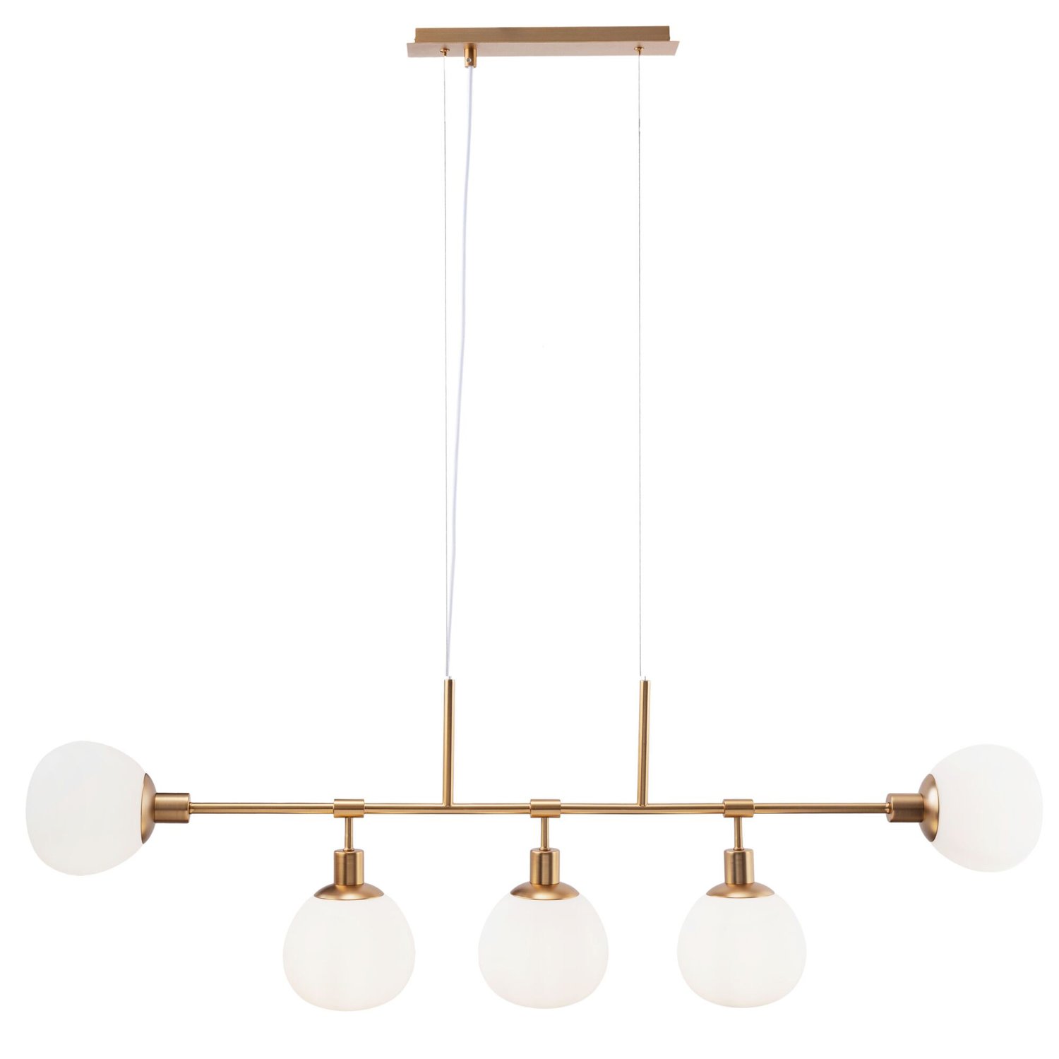Lampadario Sospensione Erich Metallo Ottone 5 Luci Diffusori Bianchi