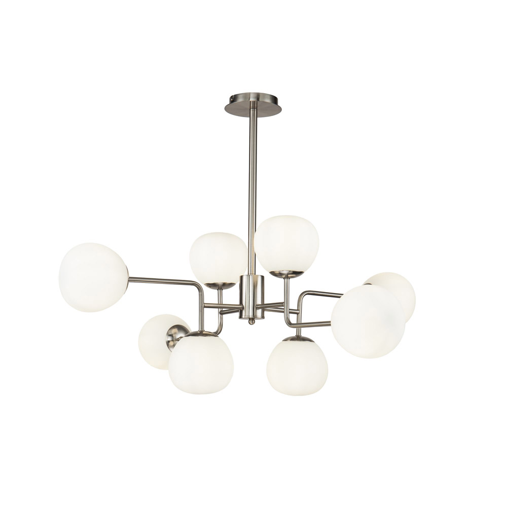 Lampadario Sospensione Erich Metallo Nichel 8 Luci Diffusori Bianchi MOD221-PL-08-N