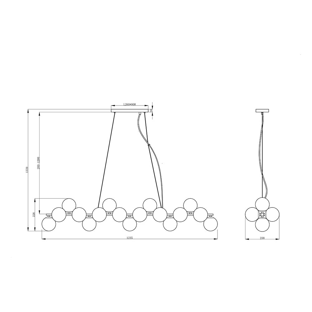 Lampadario Contemporaneo Dallas Metallo Nero 25 Luci Diffusori Vetro Neri MOD547PL-25B