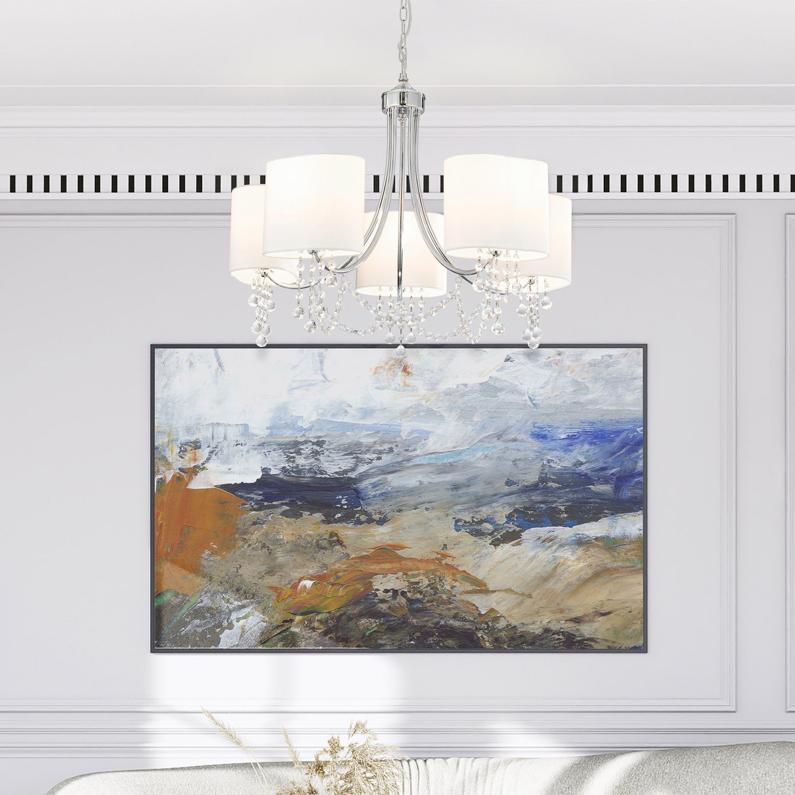 Lampadario Contemporaneo Nina Acciaio Cromo Tessuto Bianco 5 Luci E14 1055-5CC