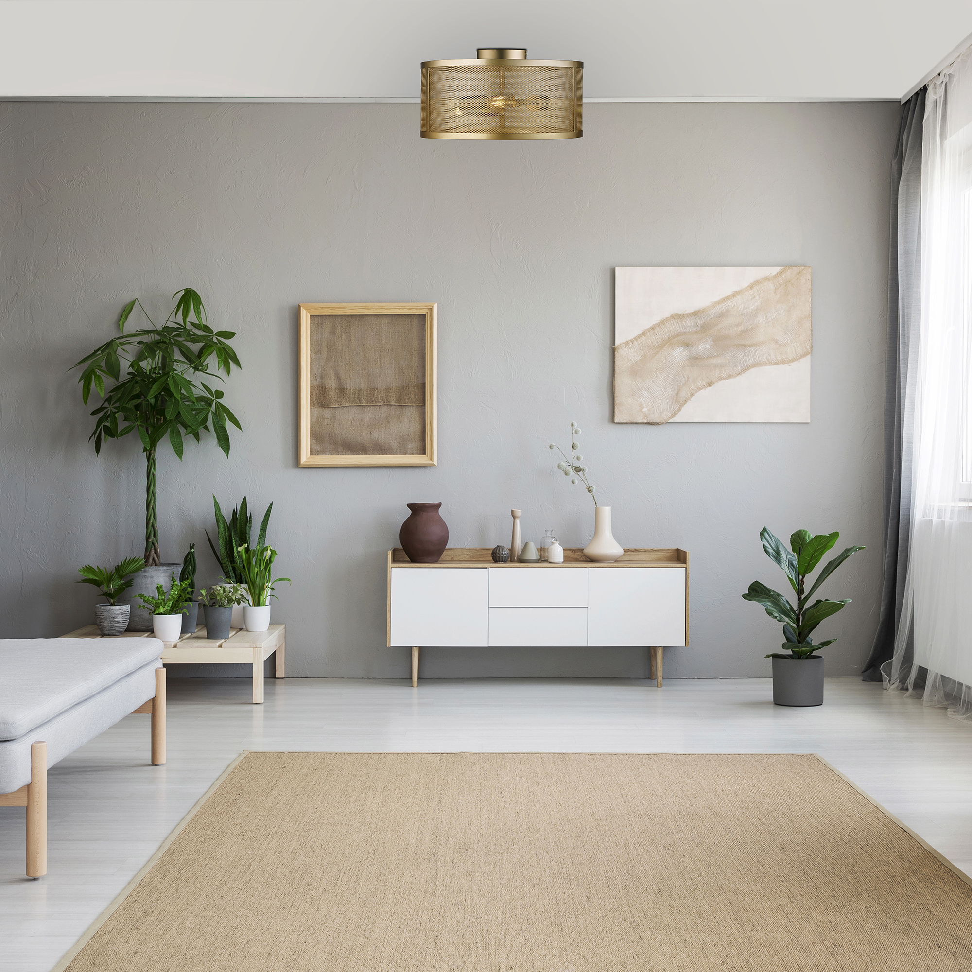 Plafoniera Industrial-Nordico Rete Acciaio Oro 3 Luci E27 2843-3GO