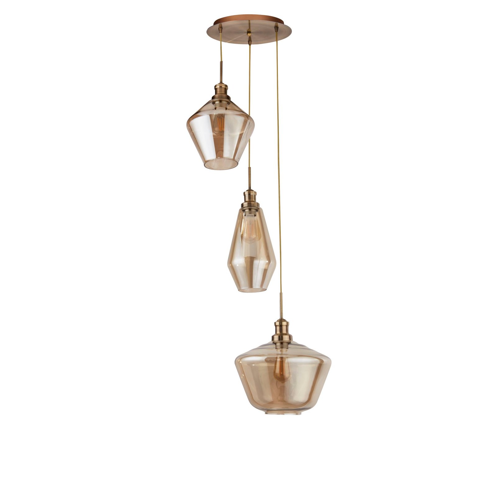 Lampadario Contemporaneo Mia Acciaio Ottone Vetro Ambra 3 Luci E27 5423-3AB