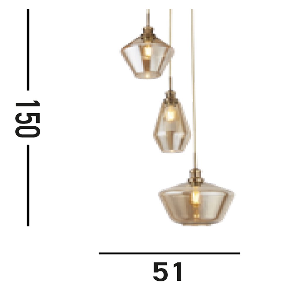 Lampadario Contemporaneo Mia Acciaio Ottone Vetro Ambra 3 Luci E27 5423-3AB