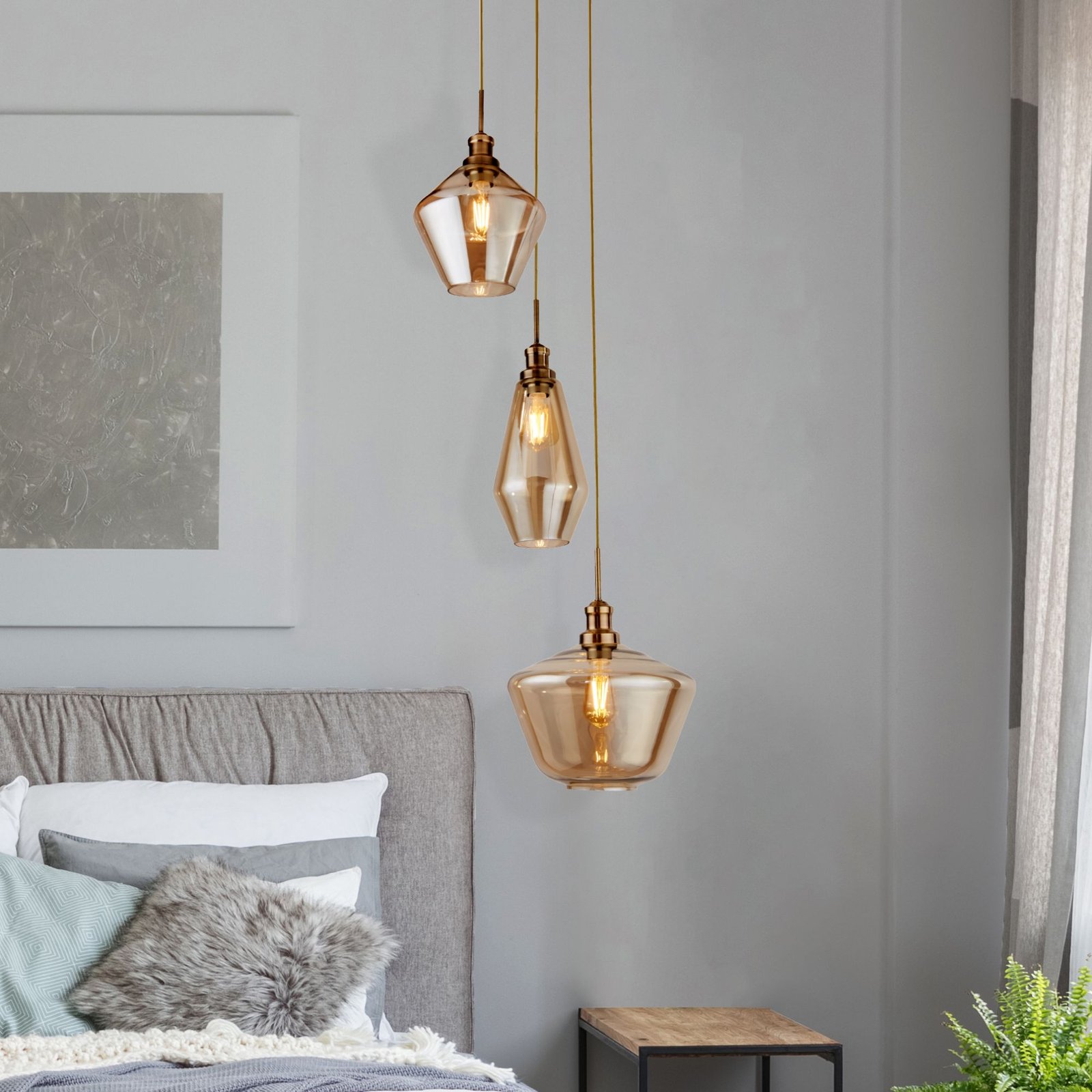 Lampadario Contemporaneo Mia Acciaio Ottone Vetro Ambra 3 Luci E27 5423-3AB