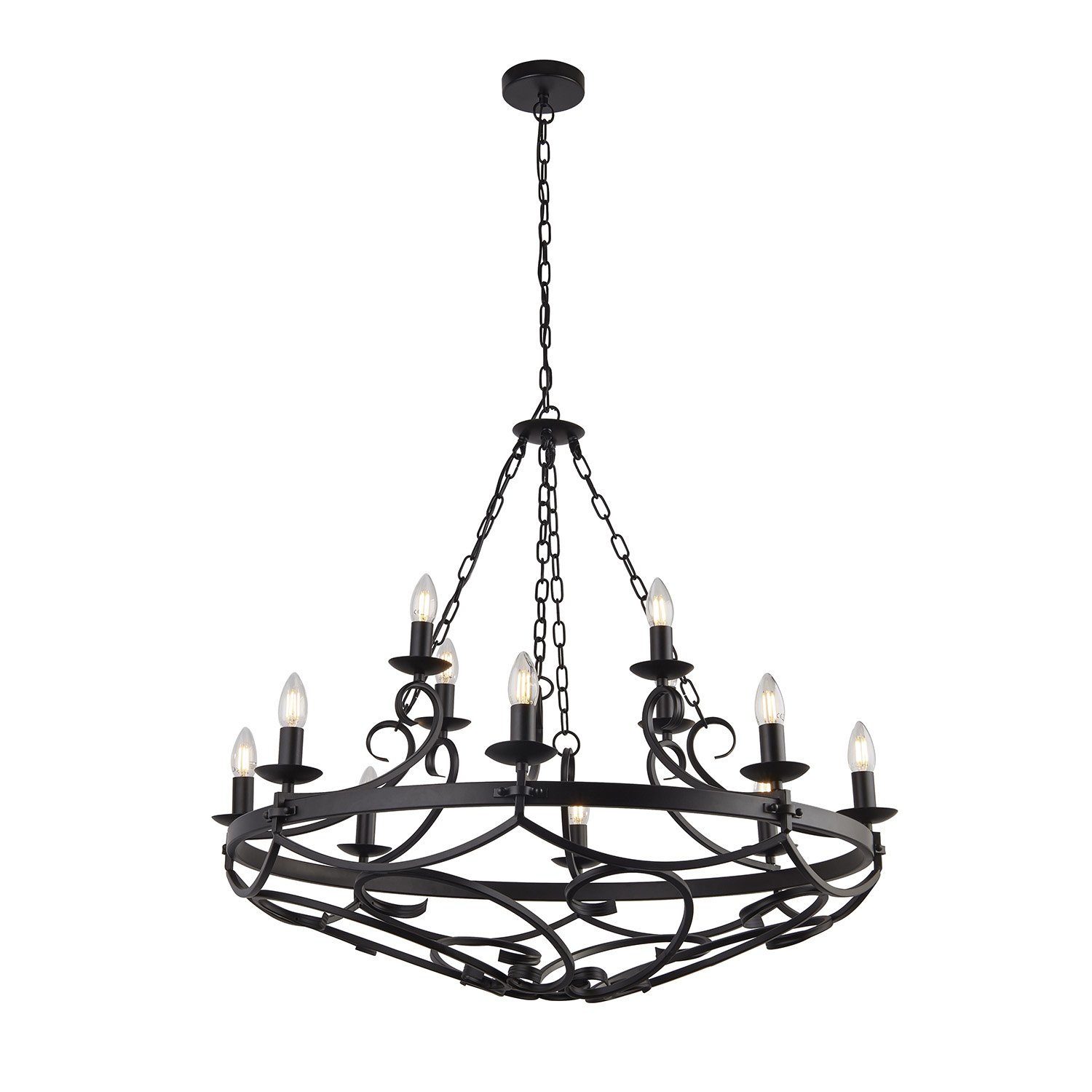 Lampadario Rustico-Country Cartwheel Iii Acciaio Nero 12 Luci E14