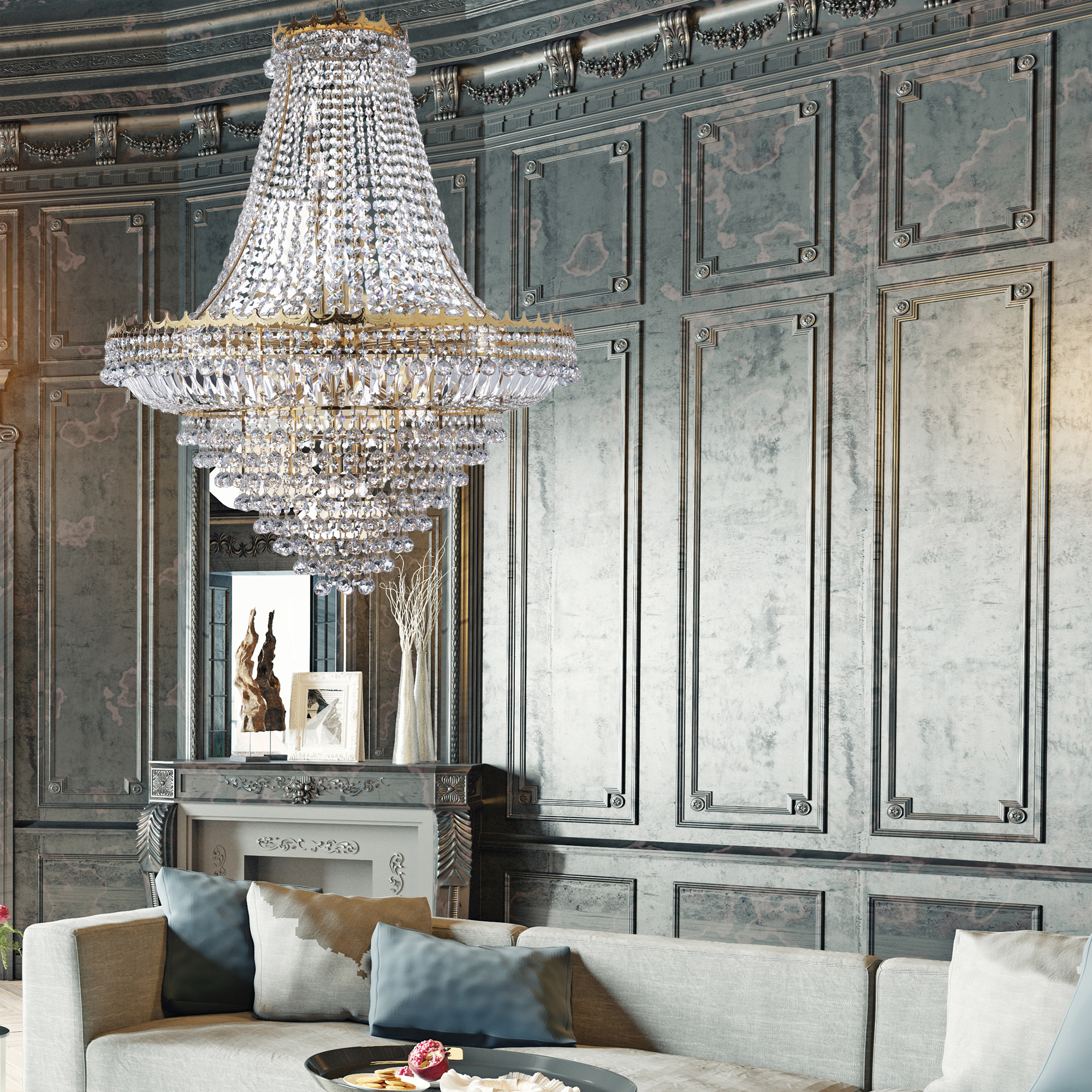 Lampadario Classico Versailles Acciaio Oro Vetro 19 Luci E14 9112-102GO