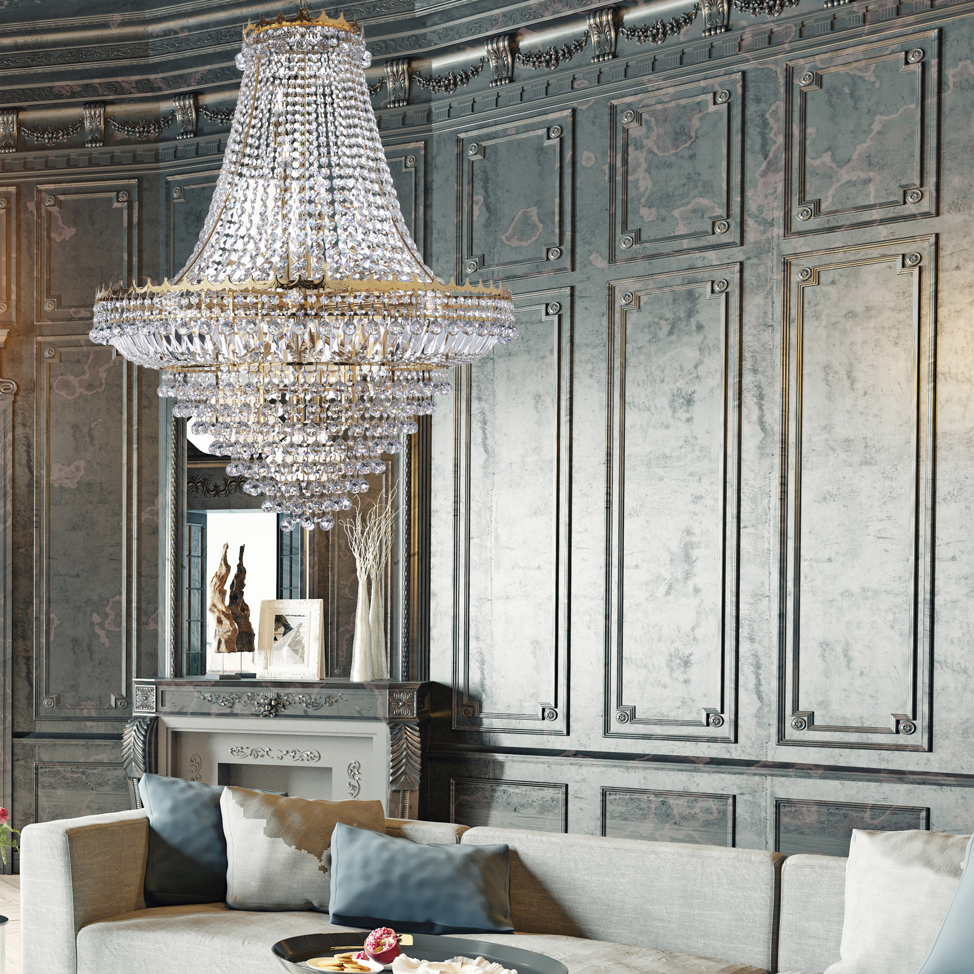 Lampadario Classico Versailles Acciaio Oro Vetro 19 Luci E14 9112-102GO