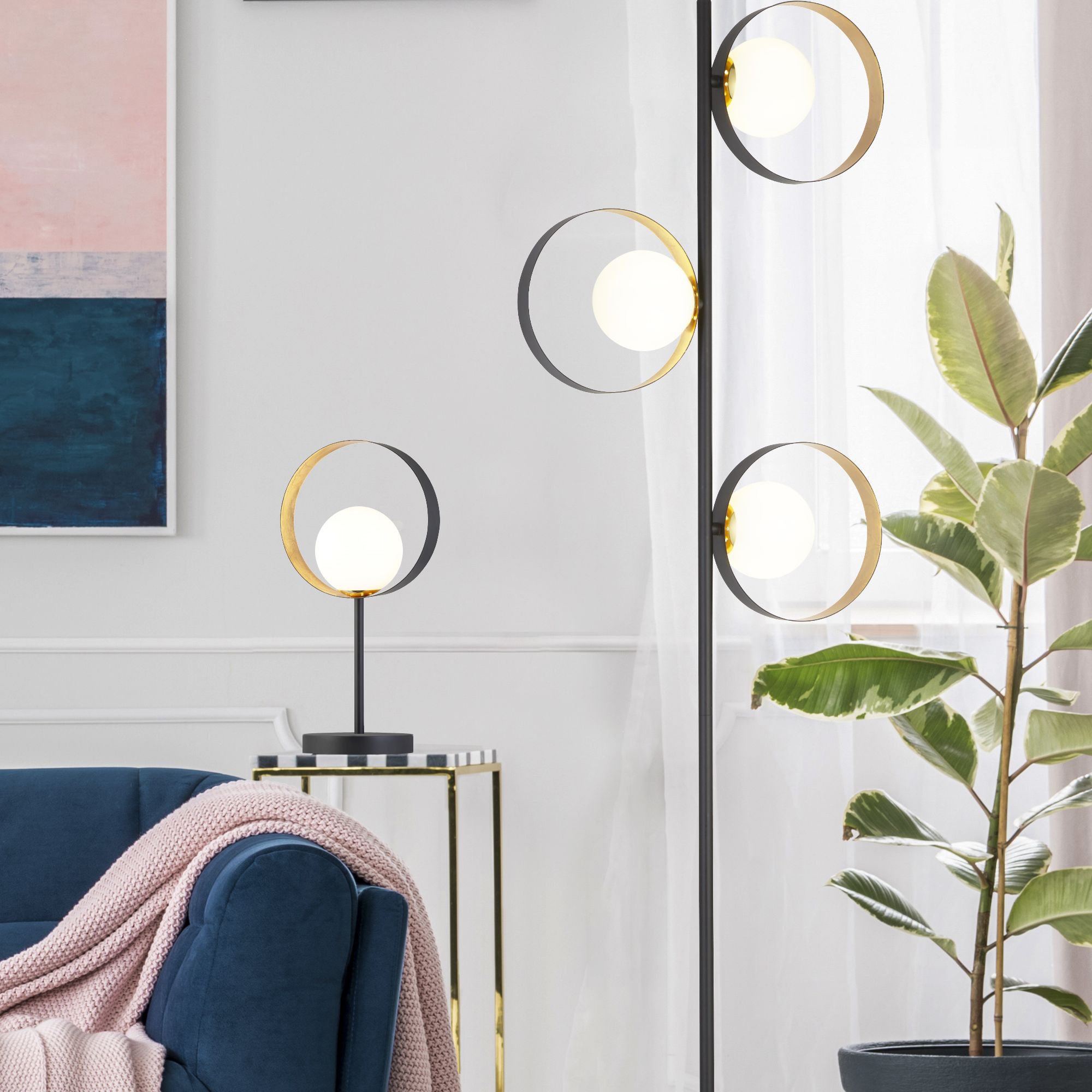 Piantana Contemporaneo Orbitale Acciaio Nero Vetro Oro 1 Luce G9 EU8143BGO