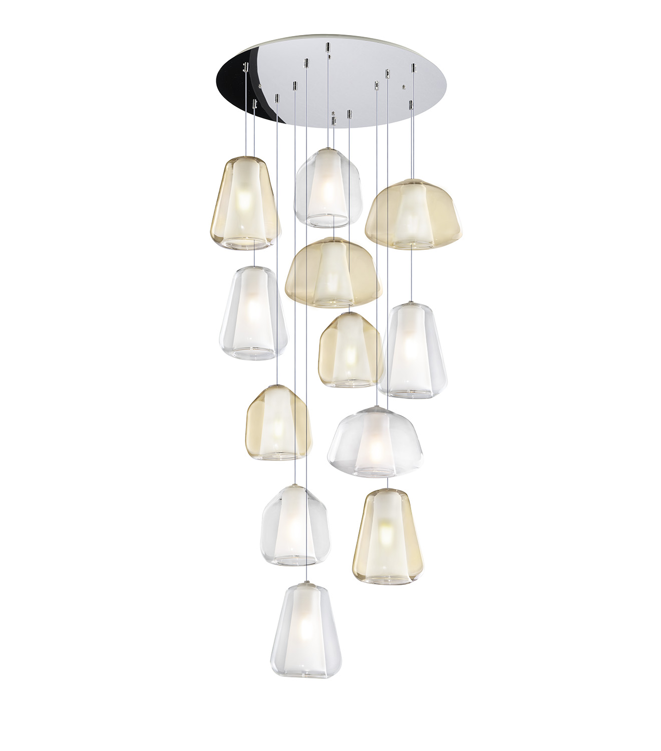 Sospensione Contem Tonda Double Skin Metallo Cromo Vetro Mix Trasp Ambra 12 Luci 1176CR_S12TABG-TA