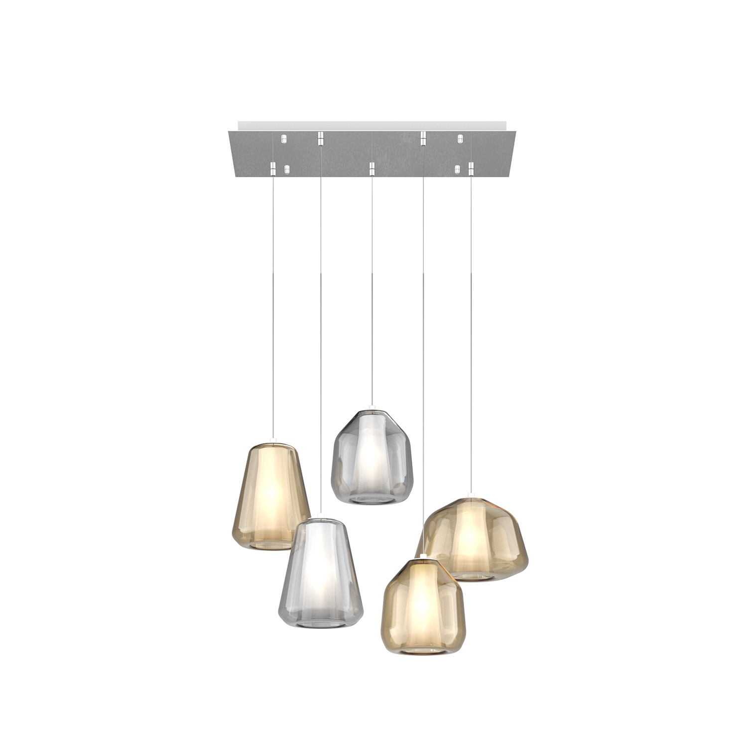 Sospensione Contemp Rett Double Skin Metallo Cromo Vetro Mix Trasp Ambra 5 Luci 1176CR_S5RABG-TA