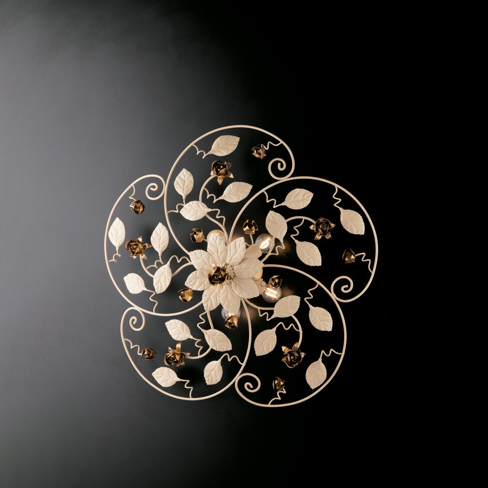 Plafoniera Shabby Chic Bella Metallo Avorio Oro 5 Luci E14 BL196-PL5-AV